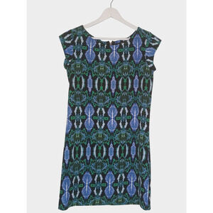 Sam Edelman Dress XS Green Blue Illusion Panel Abstract Snakeskin Print Shift